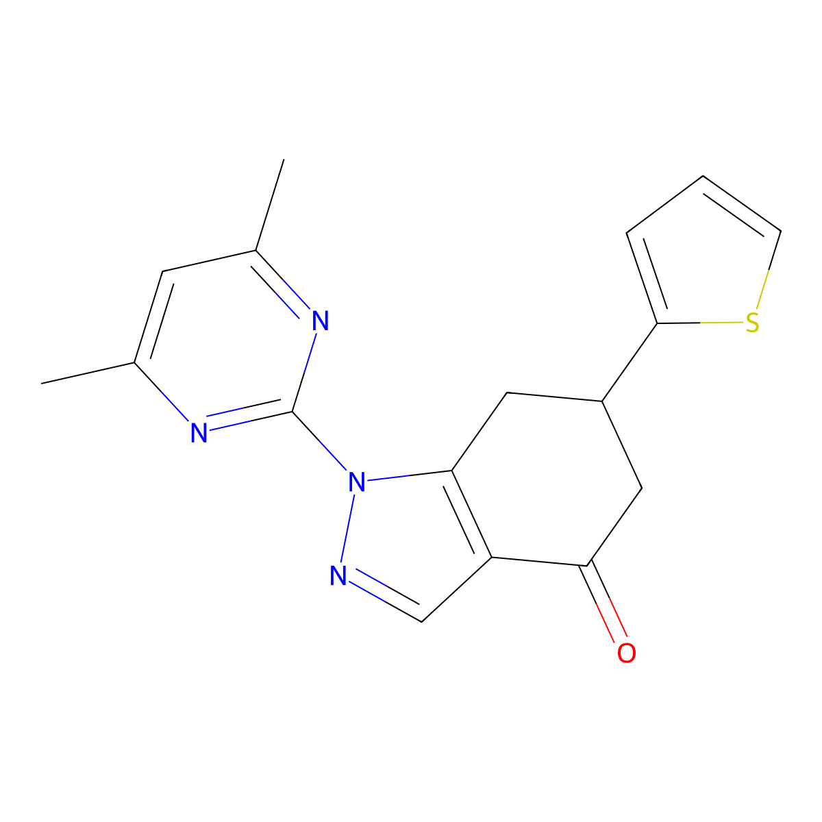 1-(4,6-dimethylpyrimidin-2-yl)-6-(thiophen-2-yl)-1,5,6,7-tetrahydro-4H-indazol-4-one molecular structure, CAS 774561-13-6