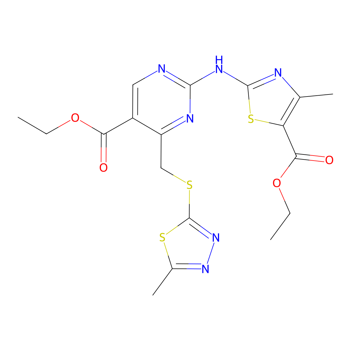 Ethyl 2-[(5-(ethoxycarbonyl)-4-{[(5-methyl-1,3,4-thiadiazol-2-yl)sulfanyl]methyl}-2-pyrimidinyl)amino]-4-methyl-1,3-thiazole-5-carboxylate molecular structure, CAS 774561-19-2