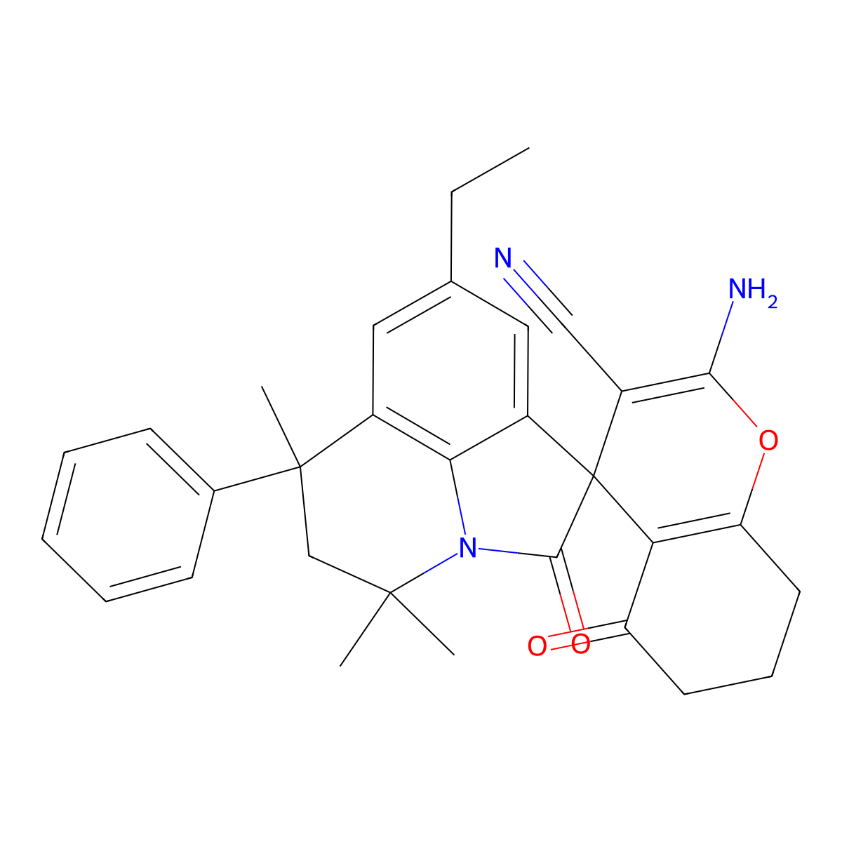 2-Amino-2',5-dioxo-8'-ethyl-6'-phenyl-4',4',6'-trimethyl-5,5',6,6',7,8-hexahydrospiro(chromene-4,1'-pyrrolo[3,2,1-ij]quinoline)-3-carbonitrile molecular structure, CAS 774561-49-8
