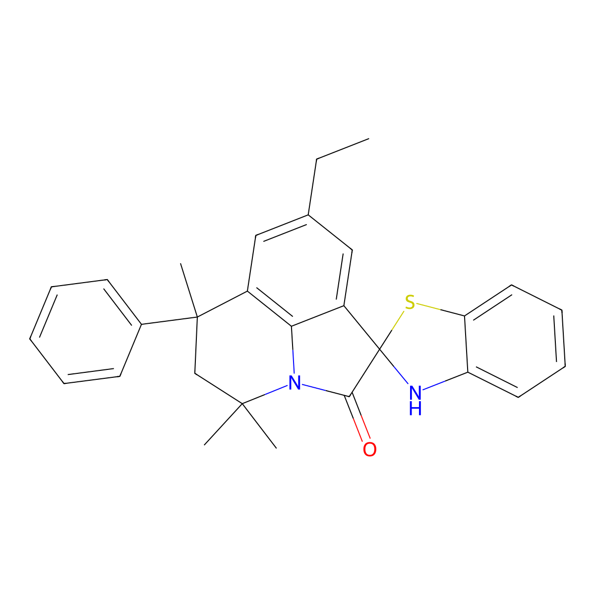 8'-ethyl-4',4',6'-trimethyl-6'-phenyl-5',6'-dihydro-3H,4'H-spiro[1,3-benzothiazole-2,1'-pyrrolo[3,2,1-ij]quinolin]-2'-one molecular structure, CAS 774561-54-5