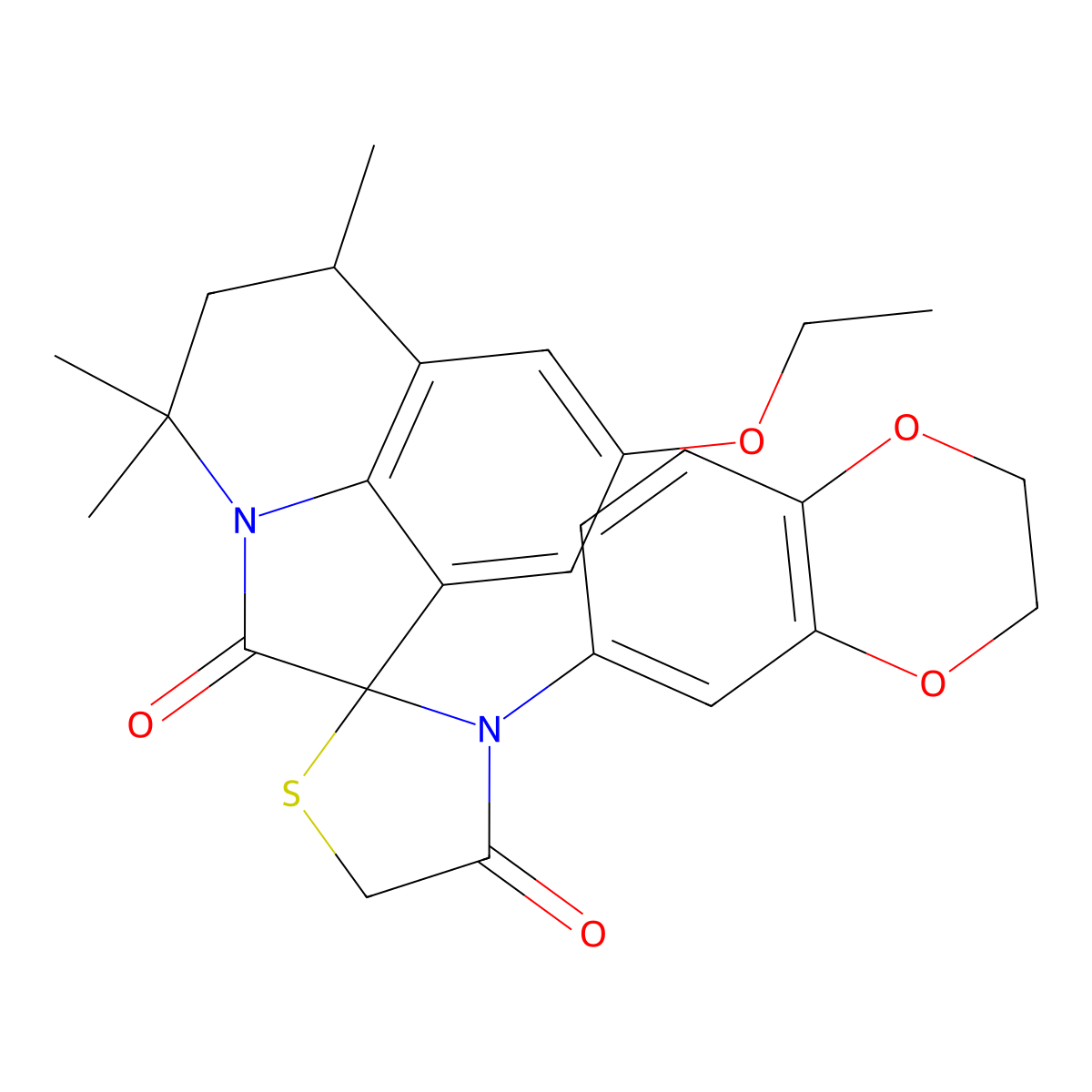 3'-(2,3-dihydro-1,4-benzodioxin-6-yl)-8-ethoxy-4,4,6-trimethyl-5,6-dihydro-4H,4'H-spiro[pyrrolo[3,2,1-ij]quinoline-1,2'-[1,3]thiazolidine]-2,4'-dione molecular structure, CAS 774561-69-2