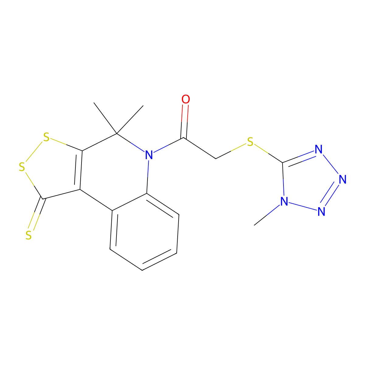 1-(4,4-dimethyl-1-thioxo-1,4-dihydro-5H-[1,2]dithiolo[3,4-c]quinolin-5-yl)-2-[(1-methyl-1H-tetrazol-5-yl)sulfanyl]ethanone molecular structure, CAS 774561-78-3