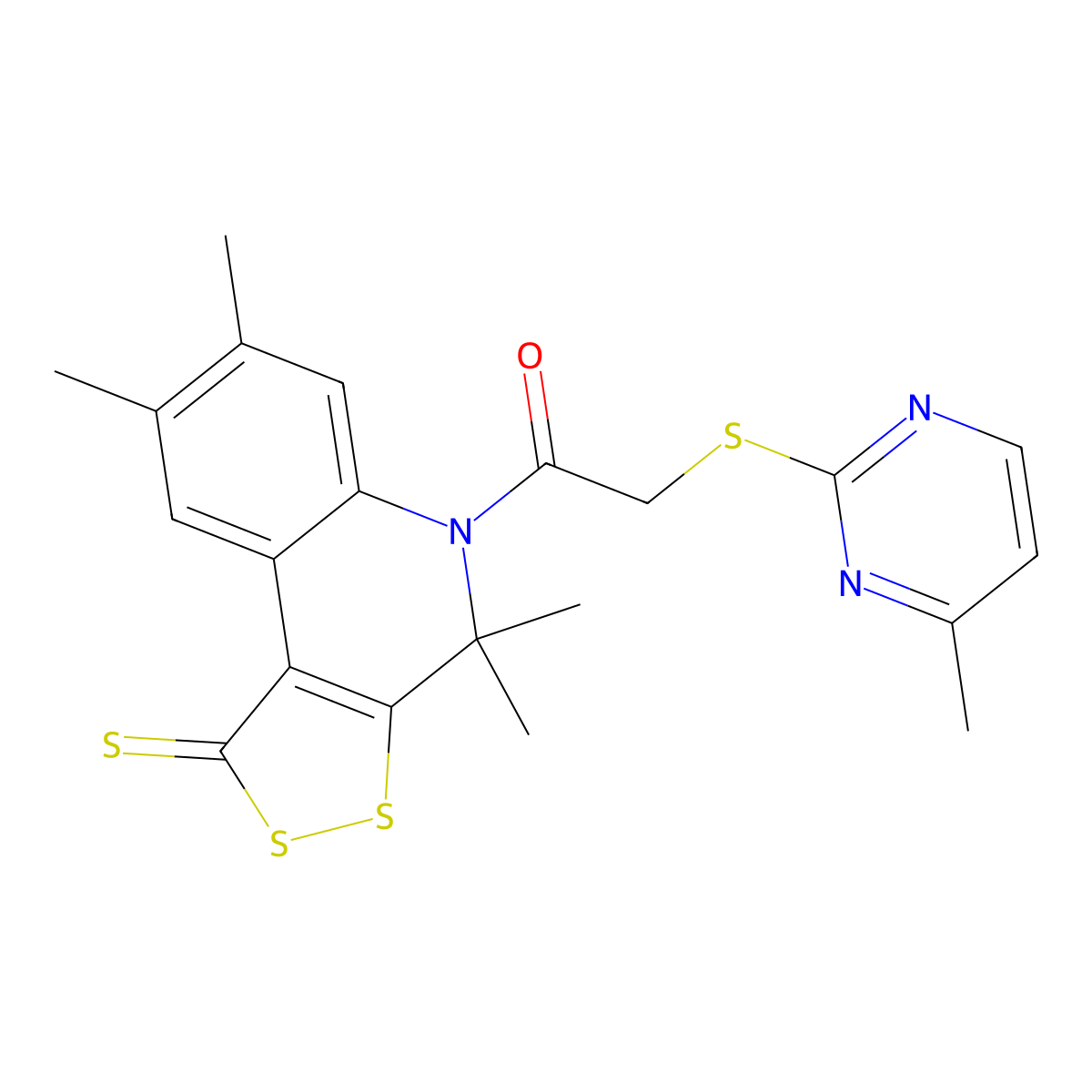 2-[(4-methylpyrimidin-2-yl)sulfanyl]-1-(4,4,7,8-tetramethyl-1-thioxo-1,4-dihydro-5H-[1,2]dithiolo[3,4-c]quinolin-5-yl)ethanone molecular structure, CAS 774561-86-3