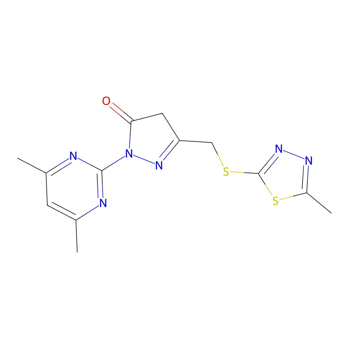 2-(4,6-dimethylpyrimidin-2-yl)-5-{[(5-methyl-1,3,4-thiadiazol-2-yl)sulfanyl]methyl}-2,4-dihydro-3H-pyrazol-3-one molecular structure, CAS 774562-33-3