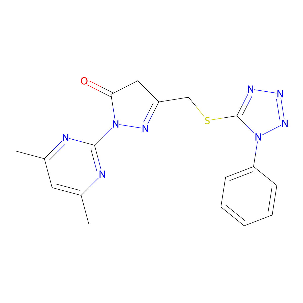 2-(4,6-dimethylpyrimidin-2-yl)-5-{[(1-phenyl-1H-tetrazol-5-yl)sulfanyl]methyl}-2,4-dihydro-3H-pyrazol-3-one molecular structure, CAS 774562-35-5