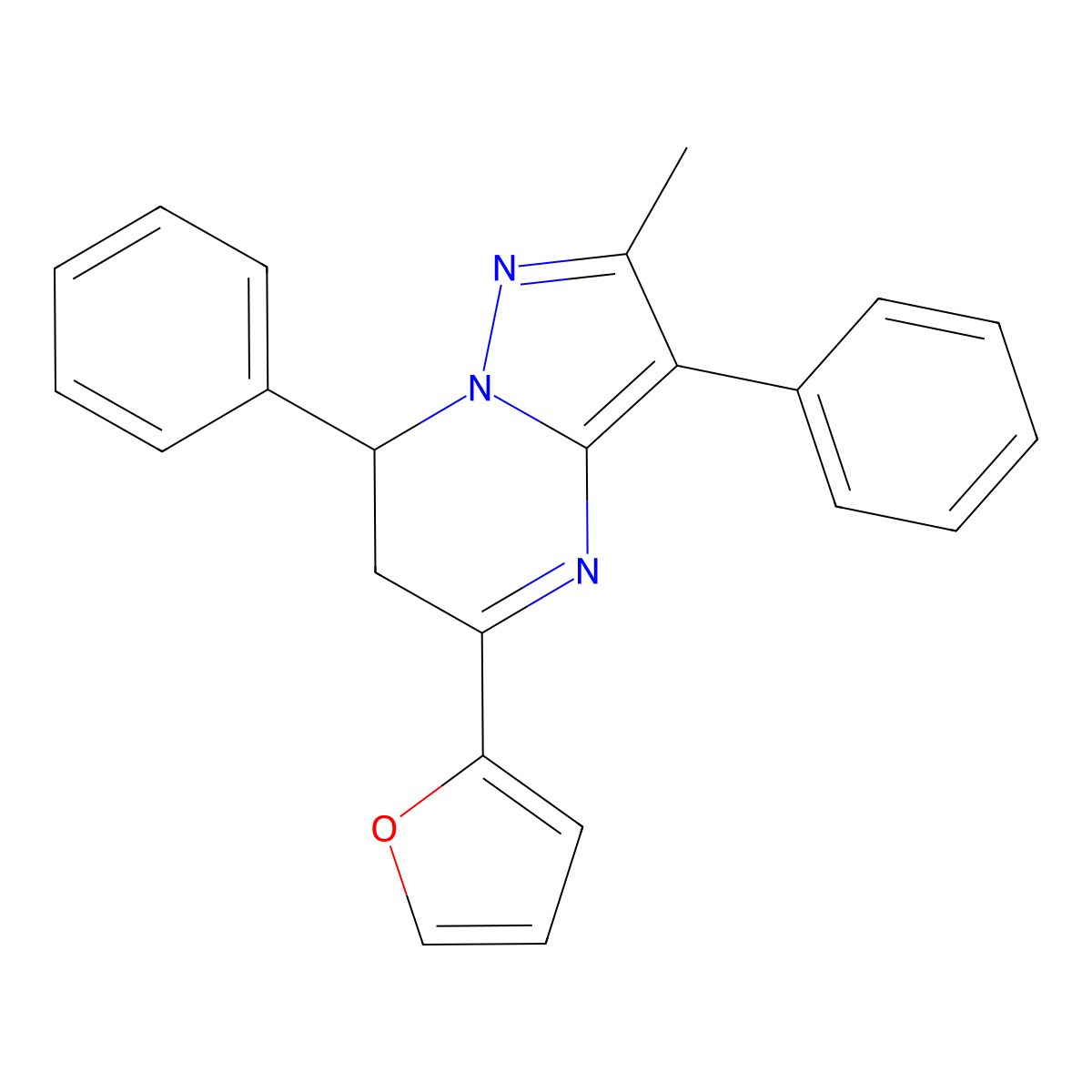 5-(Furan-2-yl)-2-methyl-3,7-diphenyl-6,7-dihydropyrazolo[1,5-a]pyrimidine molecular structure, CAS 774563-07-4