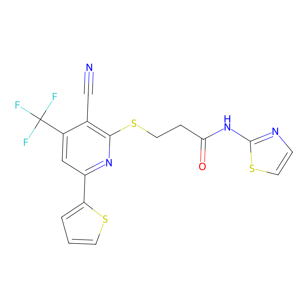 3-((3-cyano-6-(thiophen-2-yl)-4-(trifluoromethyl)pyridin-2-yl)thio)-N-(thiazol-2-yl)propanamide molecular structure, CAS 774569-77-6