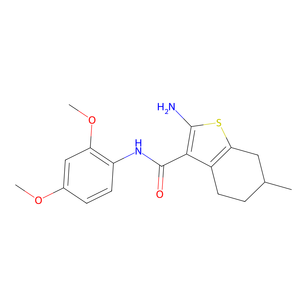 2-amino-N-(2,4-dimethoxyphenyl)-6-methyl-4,5,6,7-tetrahydro-1-benzothiophene-3-carboxamide molecular structure, CAS 774575-31-4