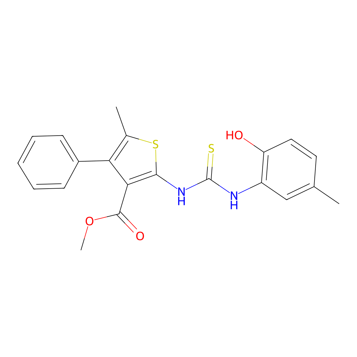 Methyl 2-{[(2-hydroxy-5-methylphenyl)carbamothioyl]amino}-5-methyl-4-phenylthiophene-3-carboxylate molecular structure, CAS 774575-60-9