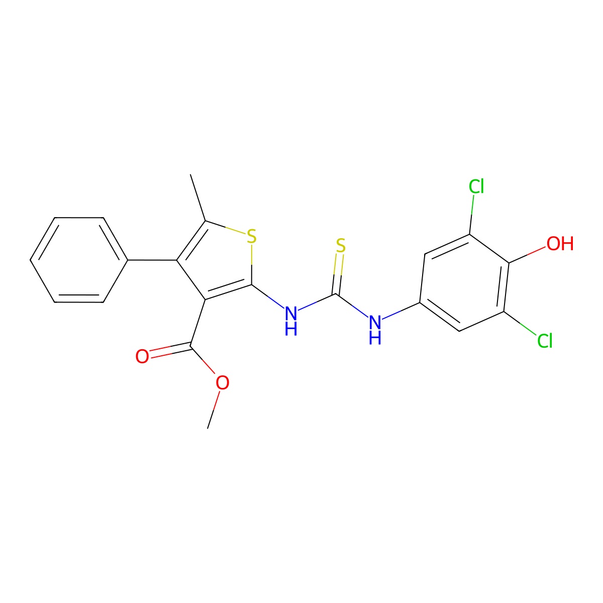 Methyl 2-{[(3,5-dichloro-4-hydroxyphenyl)carbamothioyl]amino}-5-methyl-4-phenylthiophene-3-carboxylate molecular structure, CAS 774575-64-3