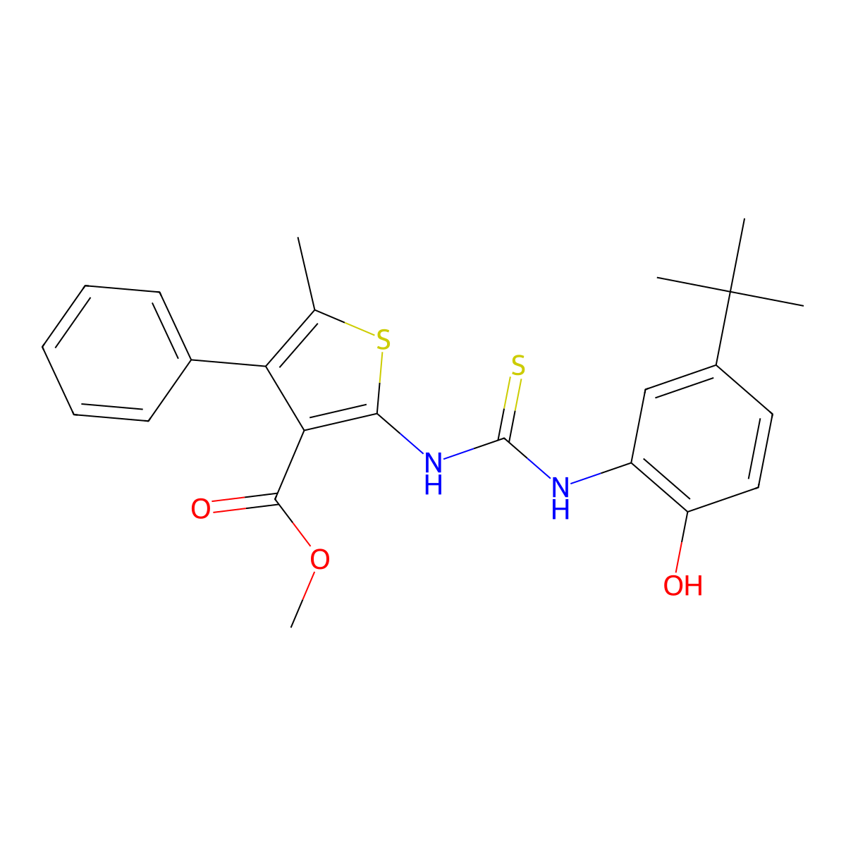 Methyl 2-{[(5-tert-butyl-2-hydroxyphenyl)carbamothioyl]amino}-5-methyl-4-phenylthiophene-3-carboxylate molecular structure, CAS 774575-65-4
