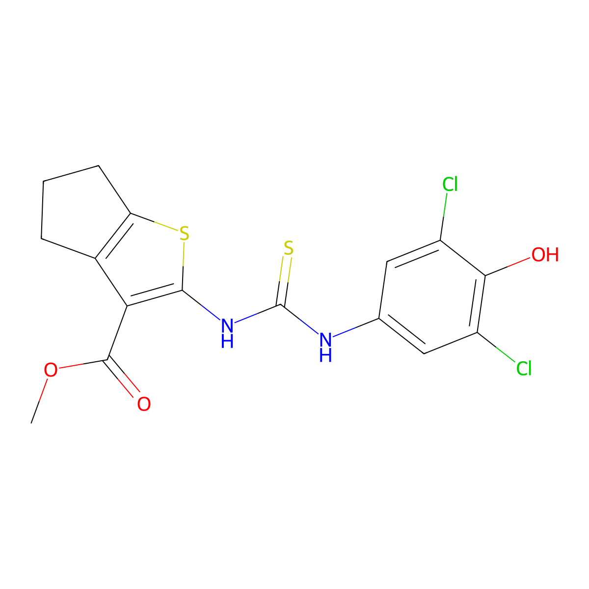 methyl 2-{[(3,5-dichloro-4-hydroxyphenyl)carbamothioyl]amino}-5,6-dihydro-4H-cyclopenta[b]thiophene-3-carboxylate molecular structure, CAS 774575-68-7