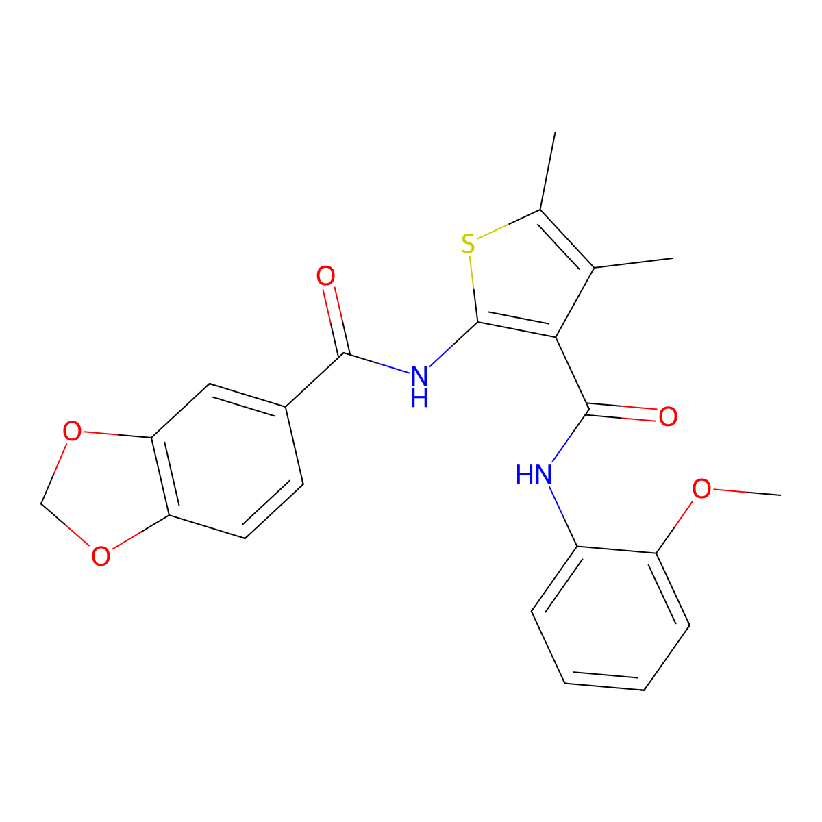 N-[3-[(2-methoxyphenyl)carbamoyl]-4,5-dimethylthiophen-2-yl]-1,3-benzodioxole-5-carboxamide molecular structure, CAS 774589-48-9
