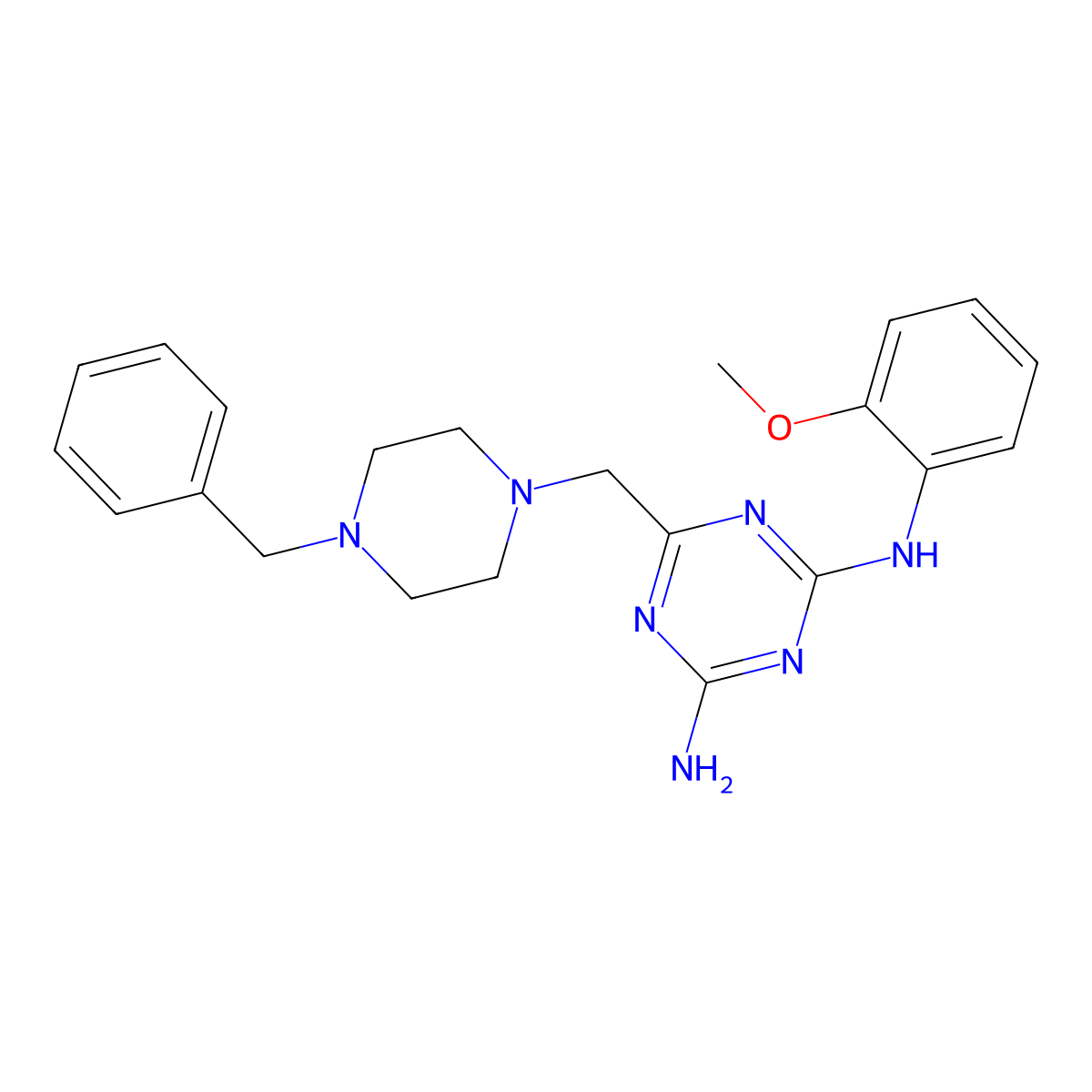 6-[(4-benzylpiperazin-1-yl)methyl]-N-(2-methoxyphenyl)-1,3,5-triazine-2,4-diamine molecular structure, CAS 774591-49-0