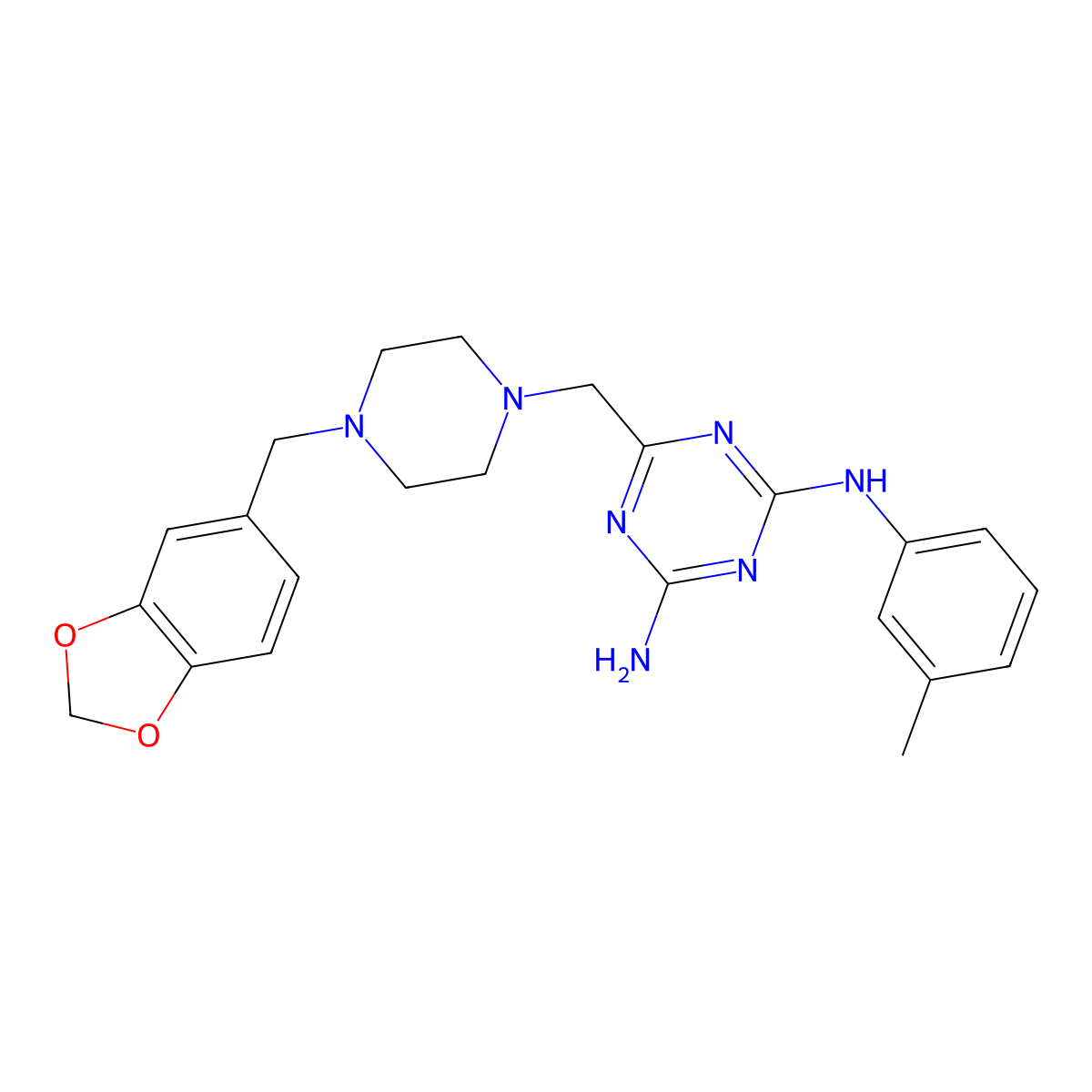 6-[[4-(1,3-benzodioxol-5-ylmethyl)-1-piperazinyl]methyl]-N2-(3-methylphenyl)-1,3,5-triazine-2,4-diamine molecular structure, CAS 774591-54-7