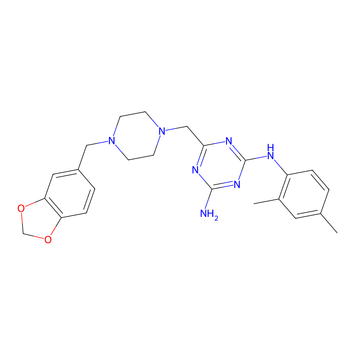 6-{[4-(1,3-benzodioxol-5-ylmethyl)piperazin-1-yl]methyl}-N-(2,4-dimethylphenyl)-1,3,5-triazine-2,4-diamine molecular structure, CAS 774591-55-8