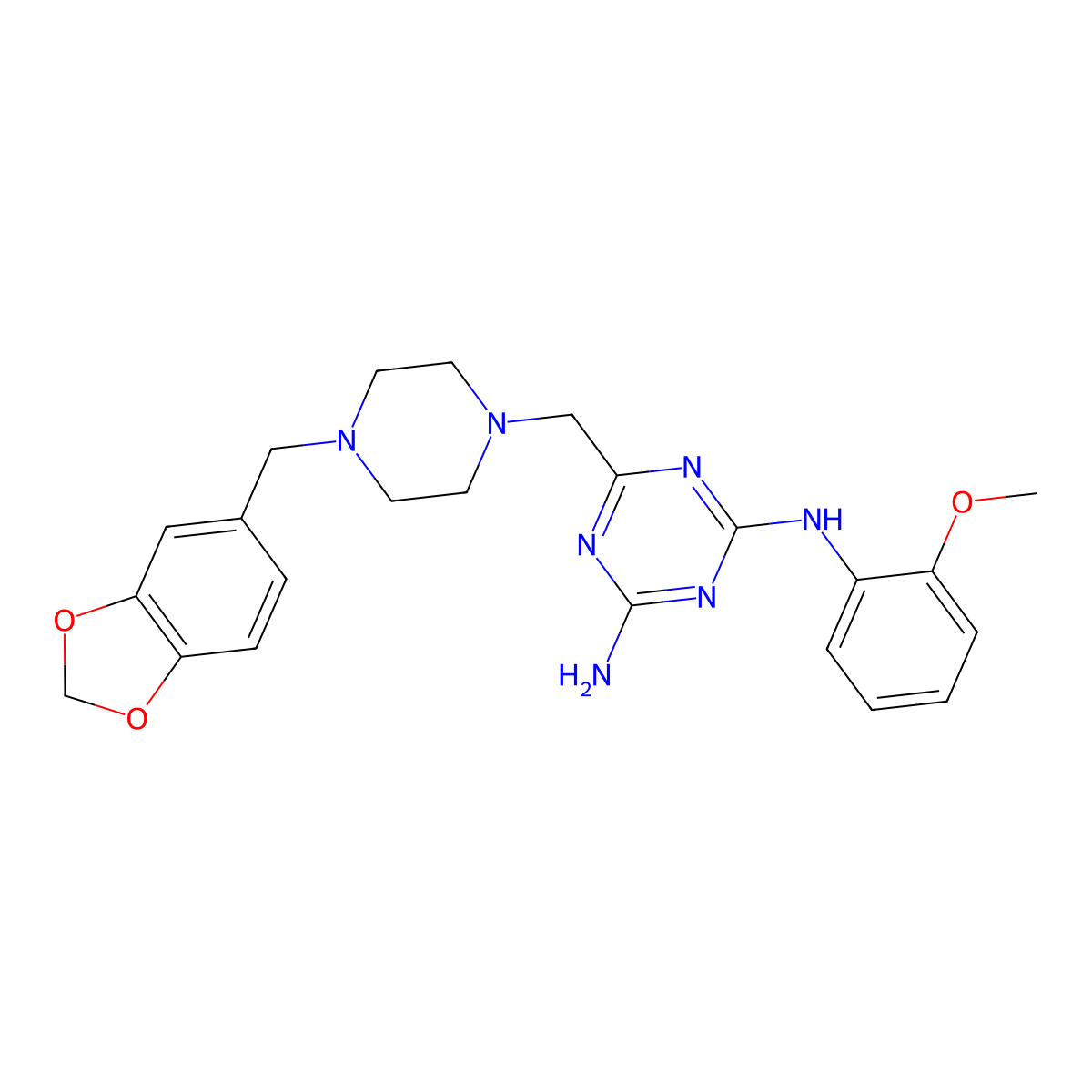 6-{[4-(1,3-benzodioxol-5-ylmethyl)piperazin-1-yl]methyl}-N-(2-methoxyphenyl)-1,3,5-triazine-2,4-diamine molecular structure, CAS 774591-56-9