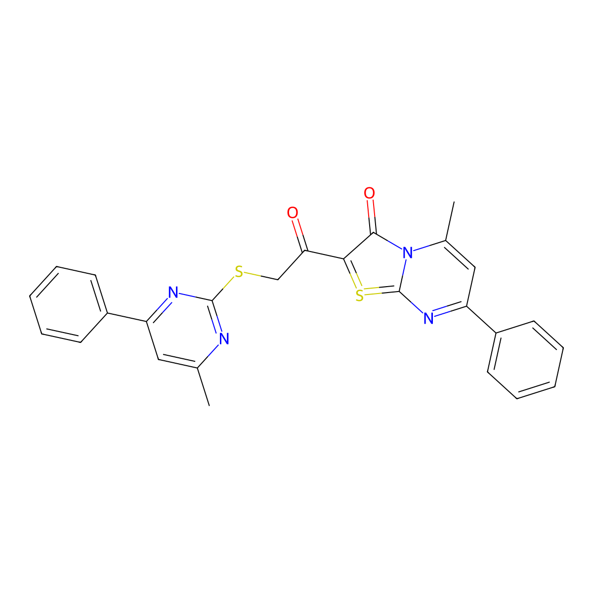 Thiazolo[3,2-a]pyrimidin-4-ium, 3-hydroxy-5-methyl-2-[2-[(4-methyl-6-phenyl-2-pyrimidinyl)thio]acetyl]-7-phenyl-, inner salt molecular structure, CAS 77517-14-7