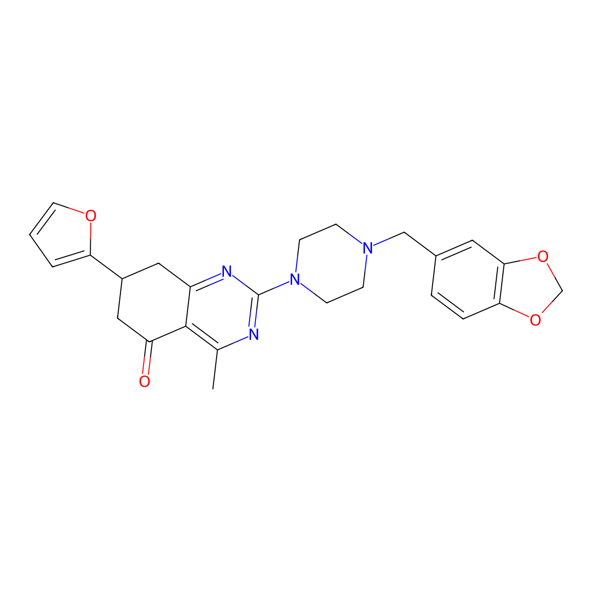 2-[4-(1,3-benzodioxol-5-ylmethyl)piperazin-1-yl]-7-(furan-2-yl)-4-methyl-7,8-dihydroquinazolin-5(6H)-one molecular structure, CAS 775289-67-3