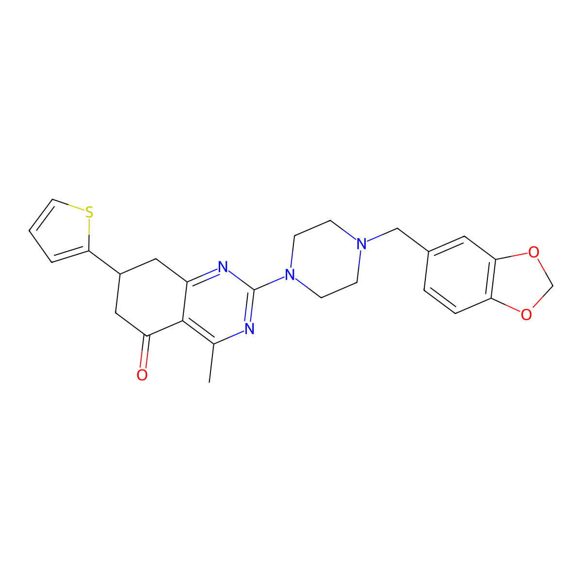 2-[4-(1,3-benzodioxol-5-ylmethyl)piperazin-1-yl]-4-methyl-7-(thiophen-2-yl)-7,8-dihydroquinazolin-5(6H)-one molecular structure, CAS 775289-68-4