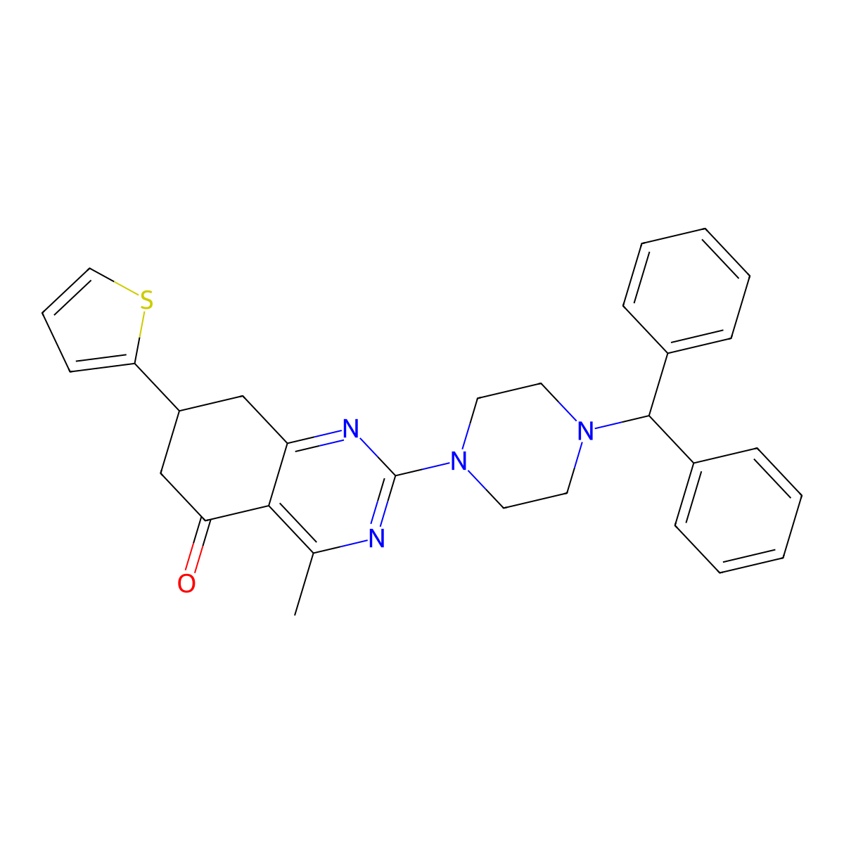 2-[4-(diphenylmethyl)piperazin-1-yl]-4-methyl-7-(thiophen-2-yl)-7,8-dihydroquinazolin-5(6H)-one molecular structure, CAS 775289-69-5