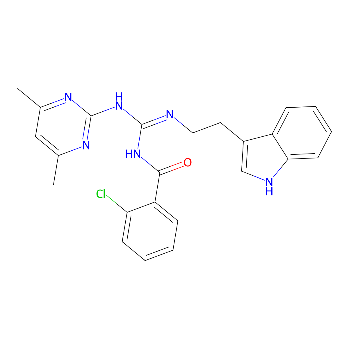 2-chloro-N-[(Z)-[(4,6-dimethylpyrimidin-2-yl)amino]{[2-(1H-indol-3-yl)ethyl]amino}methylidene]benzamide molecular structure, CAS 775291-47-9
