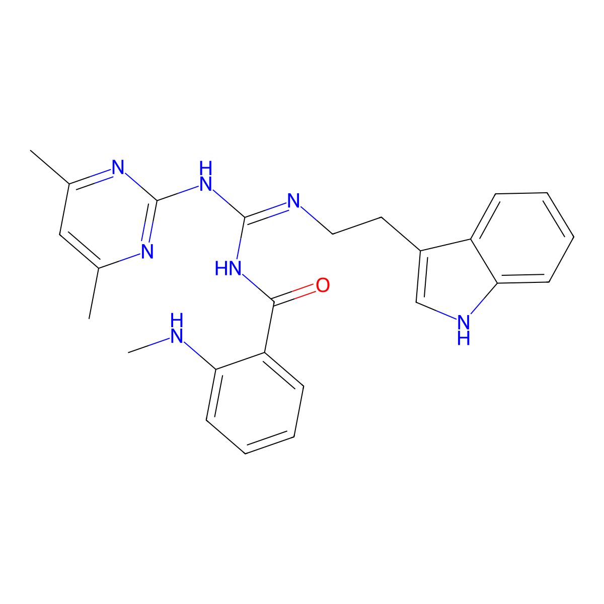 N-[(Z)-[(4,6-dimethylpyrimidin-2-yl)amino]{[2-(1H-indol-3-yl)ethyl]amino}methylidene]-2-(methylamino)benzamide molecular structure, CAS 775291-48-0
