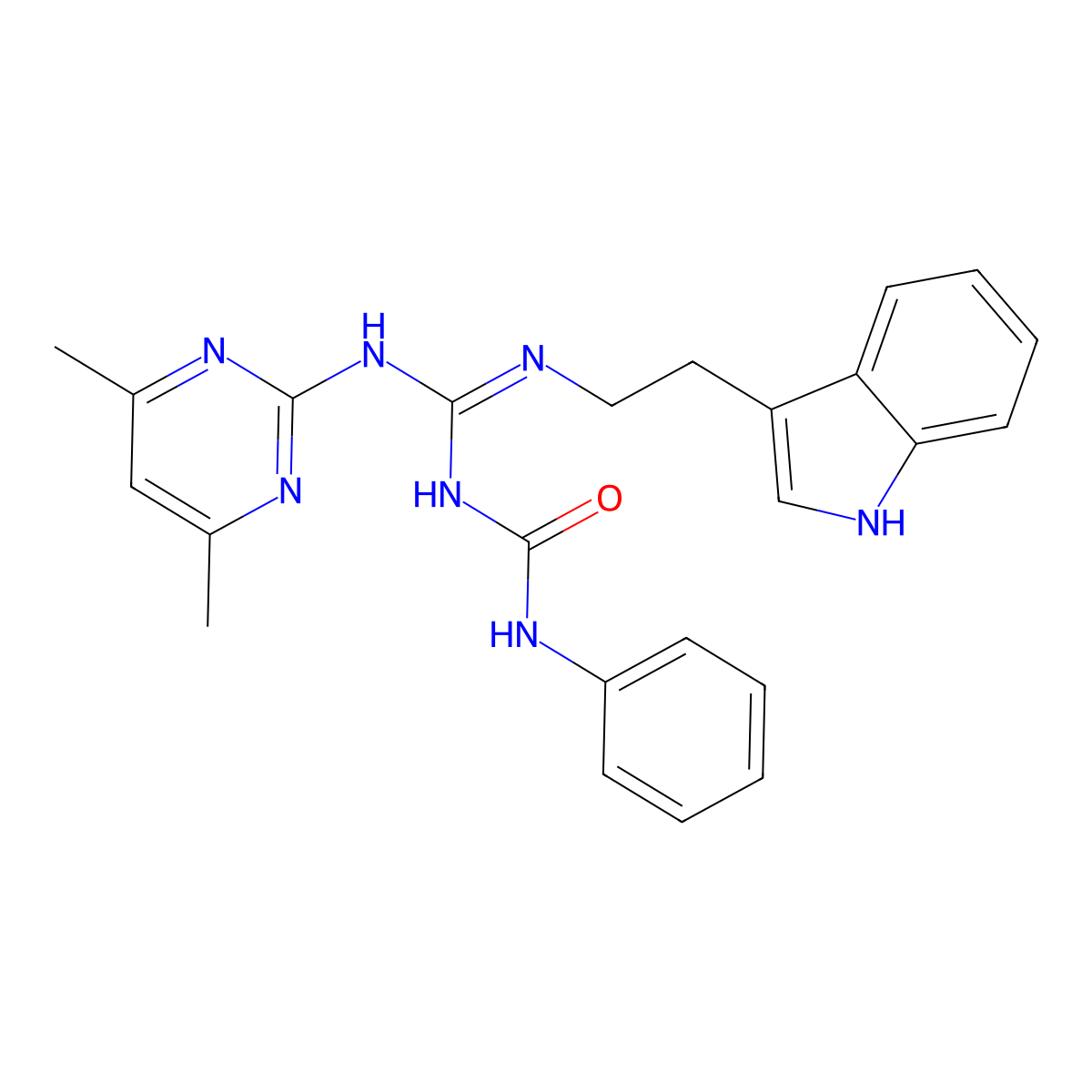 1-[(Z)-[(4,6-dimethylpyrimidin-2-yl)amino]{[2-(1H-indol-3-yl)ethyl]amino}methylidene]-3-phenylurea molecular structure, CAS 775291-49-1