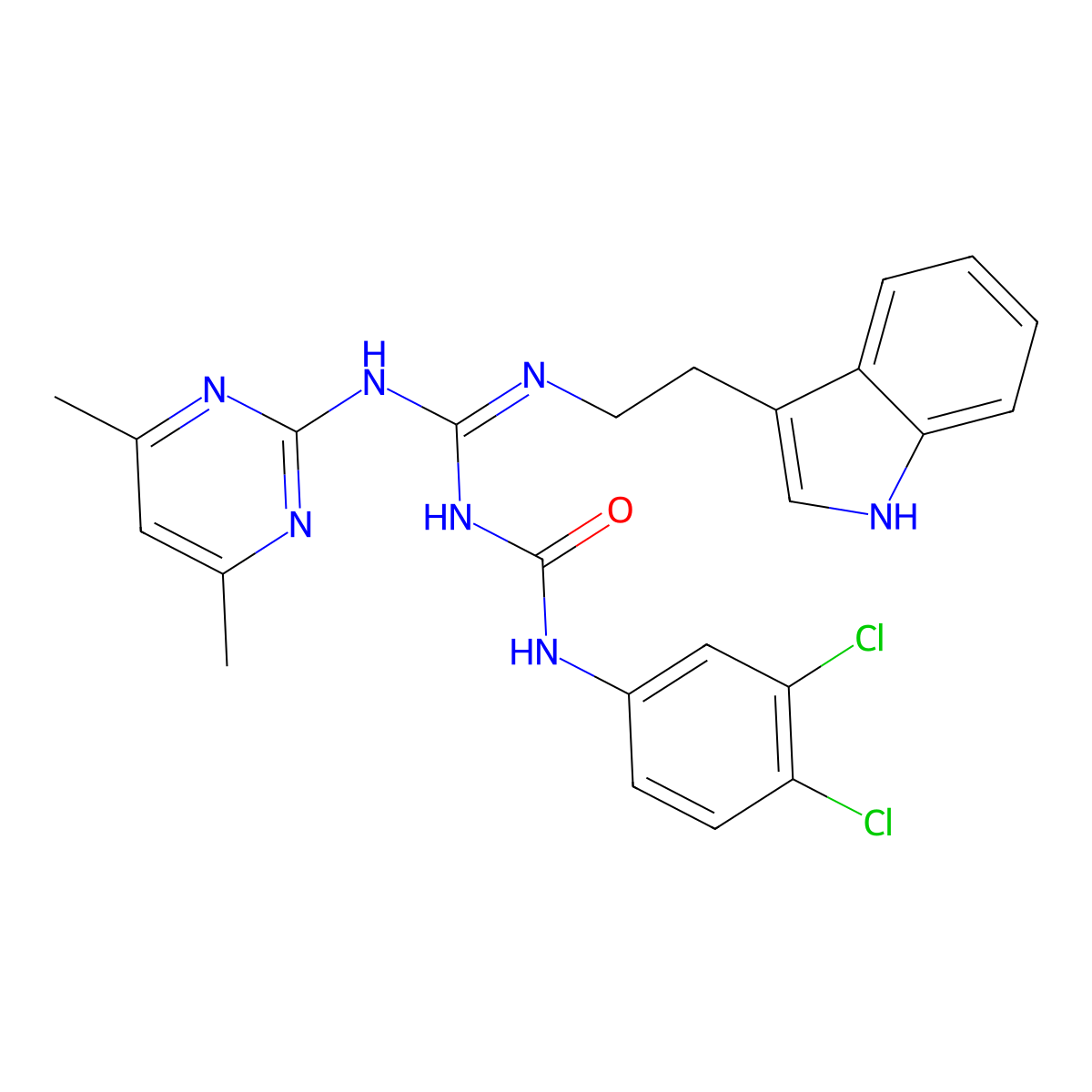 1-(3,4-dichlorophenyl)-3-[(Z)-[(4,6-dimethylpyrimidin-2-yl)amino]{[2-(1H-indol-3-yl)ethyl]amino}methylidene]urea molecular structure, CAS 775291-50-4