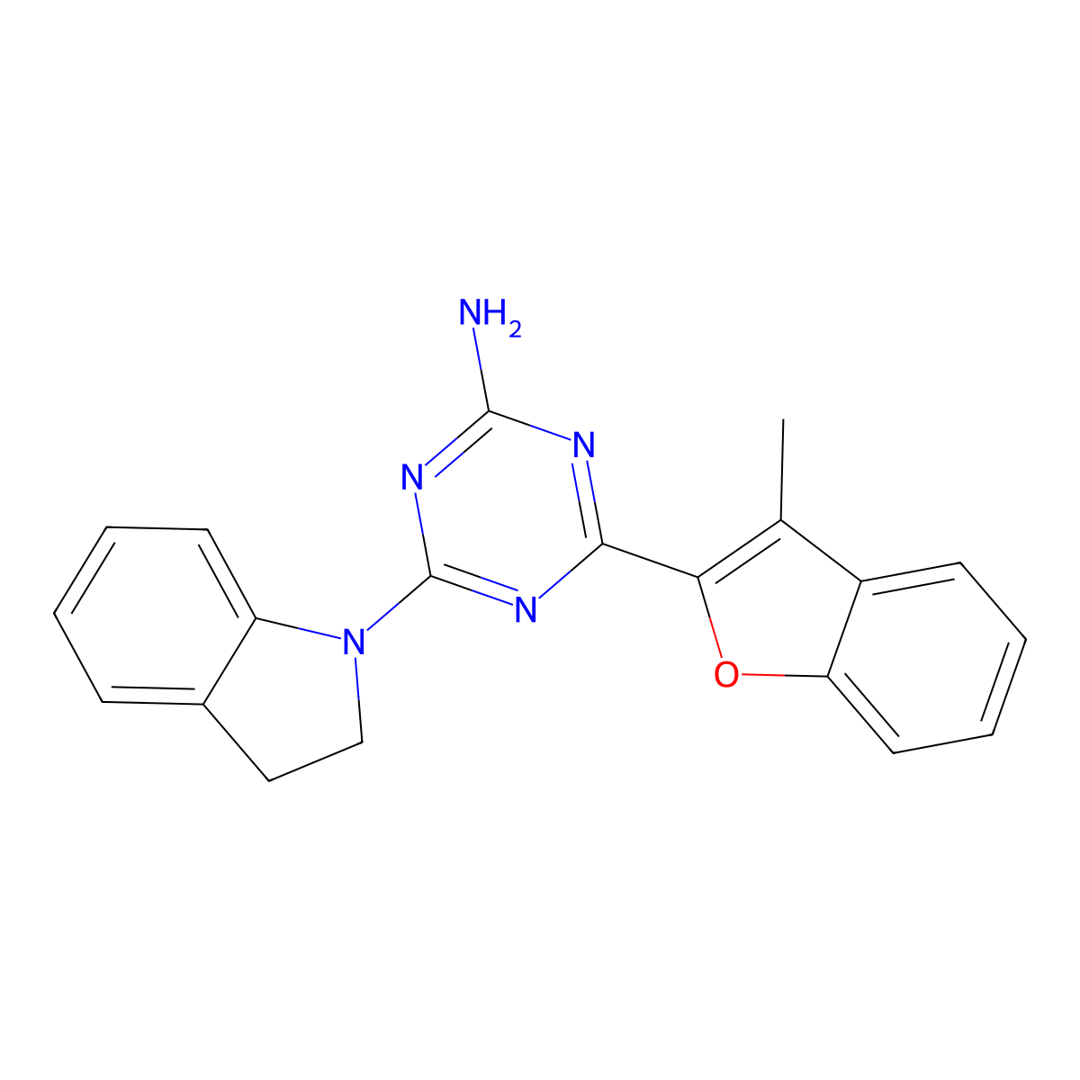 4-(2,3-dihydro-1H-indol-1-yl)-6-(3-methyl-1-benzofuran-2-yl)-1,3,5-triazin-2-amine molecular structure, CAS 775291-62-8