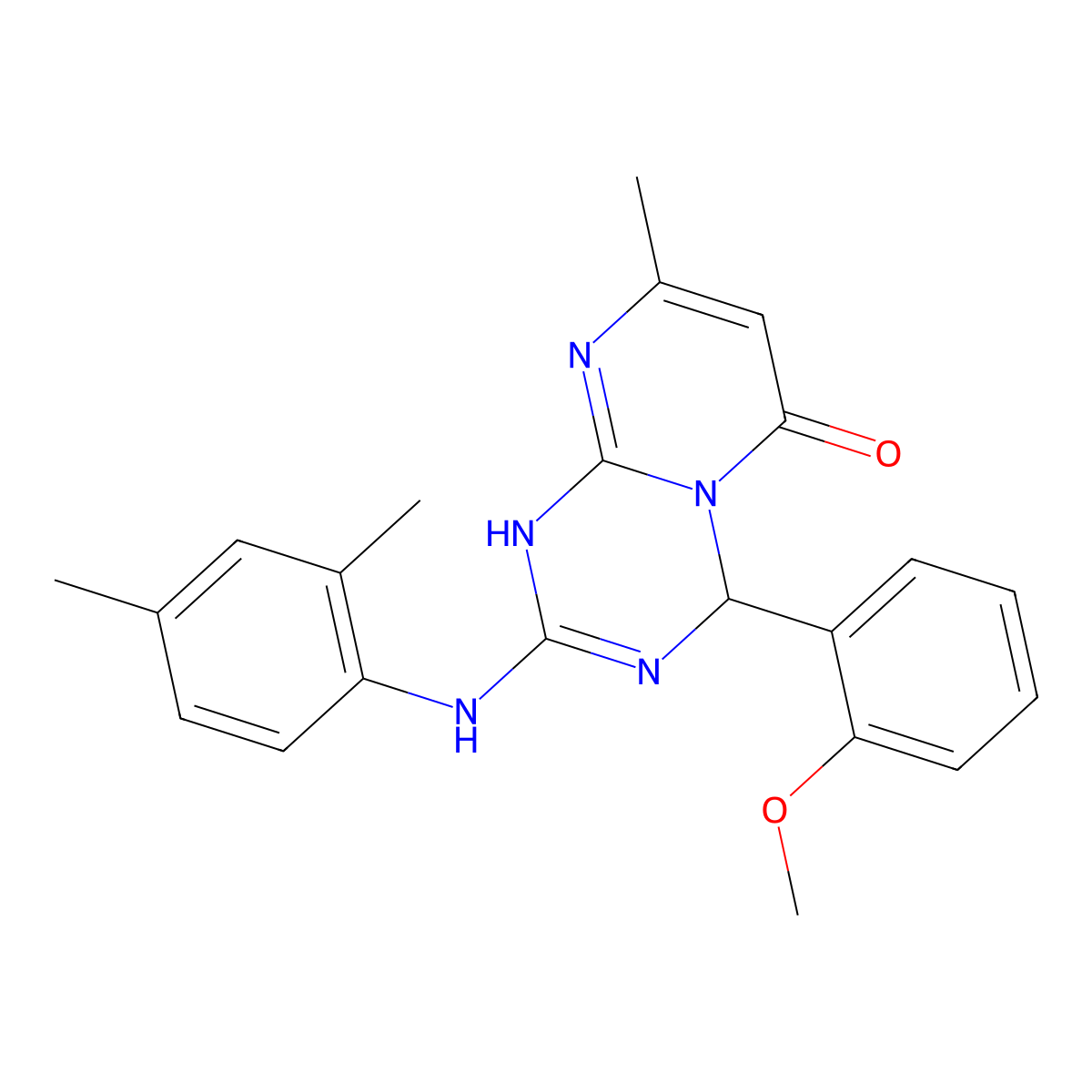 2-[(2,4-dimethylphenyl)amino]-4-(2-methoxyphenyl)-8-methyl-1,4-dihydro-6H-pyrimido[1,2-a][1,3,5]triazin-6-one molecular structure, CAS 775291-70-8