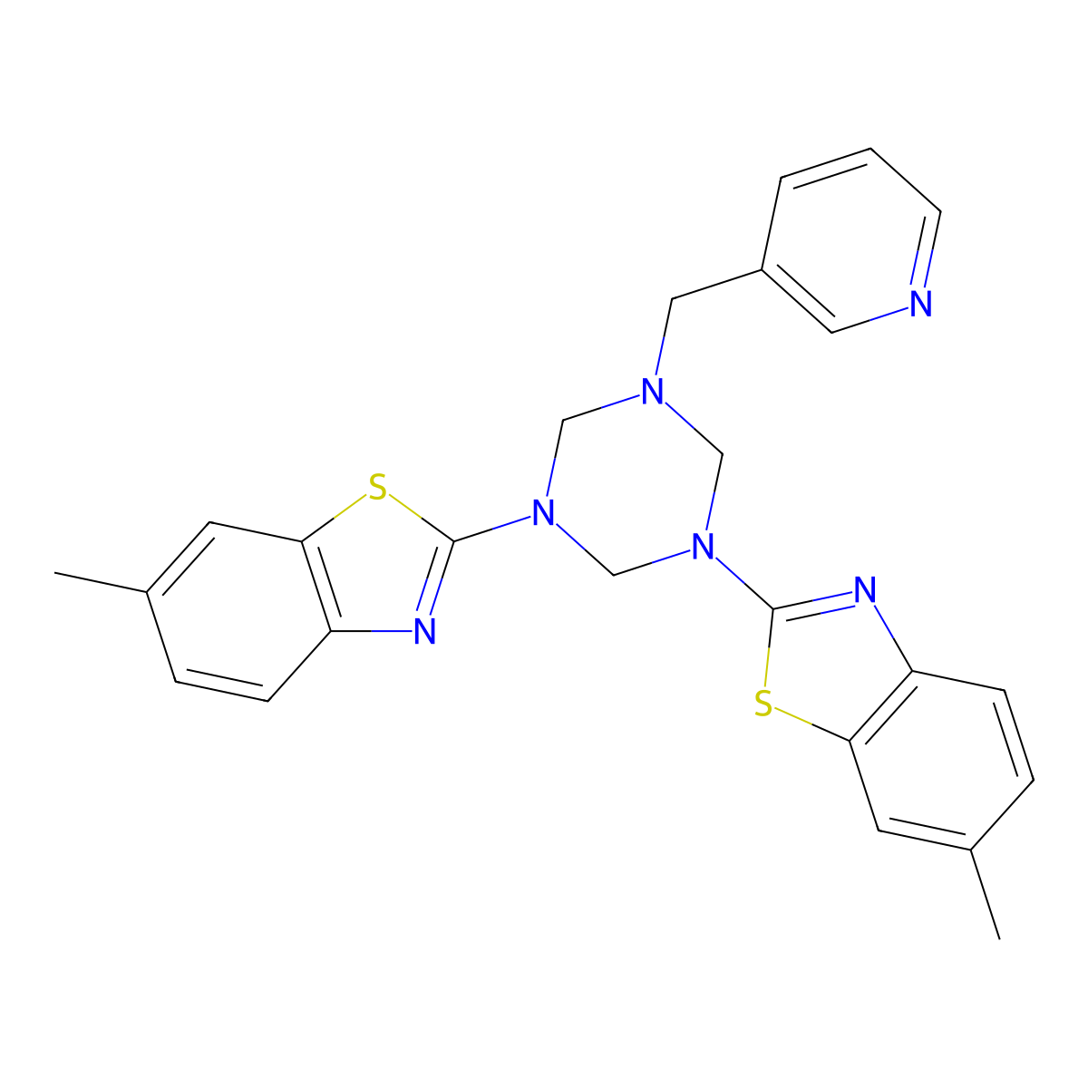 6-Methyl-2-[3-(6-methyl-1,3-benzothiazol-2-yl)-5-(pyridin-3-ylmethyl)-1,3,5-triazinan-1-yl]-1,3-benzothiazole molecular structure, CAS 775292-11-0