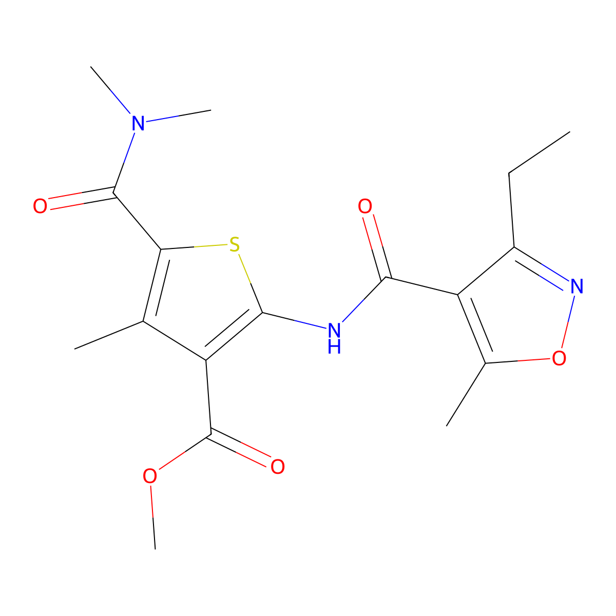 Methyl 5-[(dimethylamino)carbonyl]-2-{[(3-ethyl-5-methyl-4-isoxazolyl)carbonyl]amino}-4-methyl-3-thiophenecarboxylate molecular structure, CAS 775299-41-7