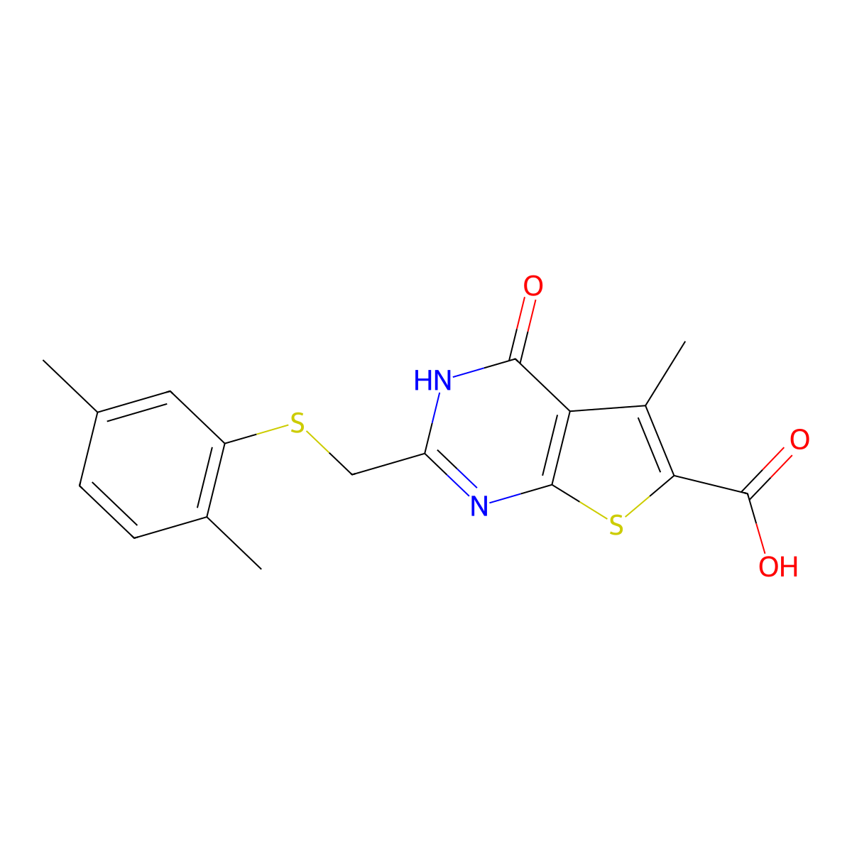 2-{[(2,5-dimethylphenyl)sulfanyl]methyl}-5-methyl-4-oxo-3H,4H-thieno[2,3-d]pyrimidine-6-carboxylic acid molecular structure, CAS 775315-04-3