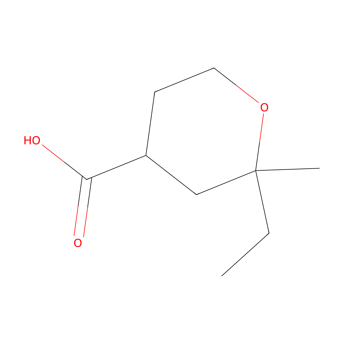 2-Ethyl-2-methyloxane-4-carboxylic acid molecular structure, CAS 77554-88-2