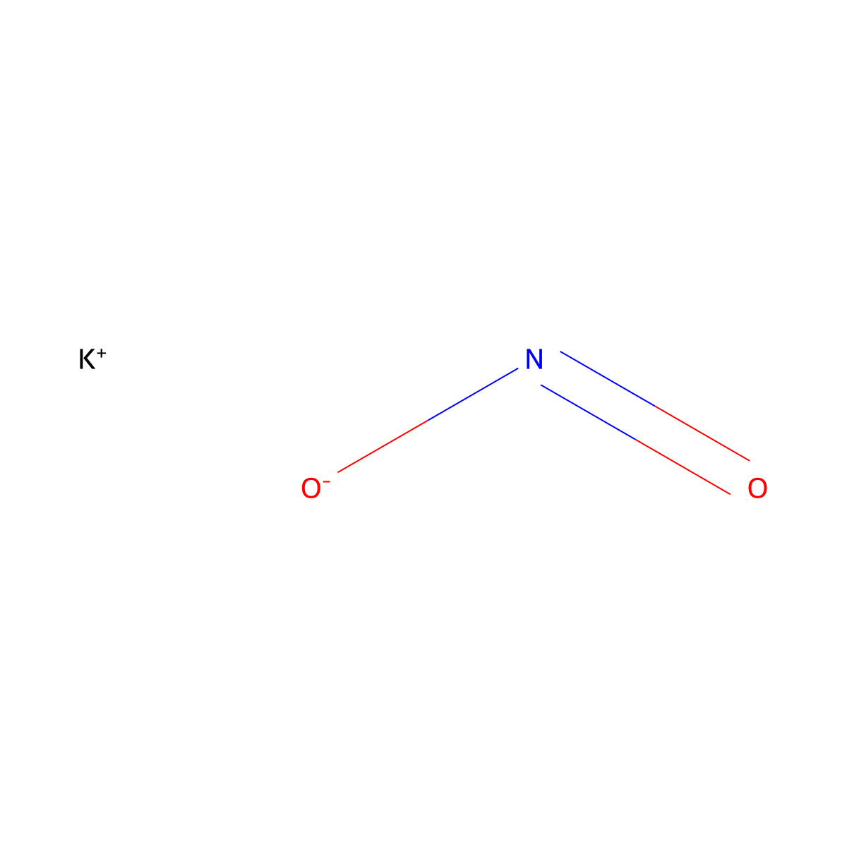 Potassium nitrite molecular structure, CAS 7758-09-0