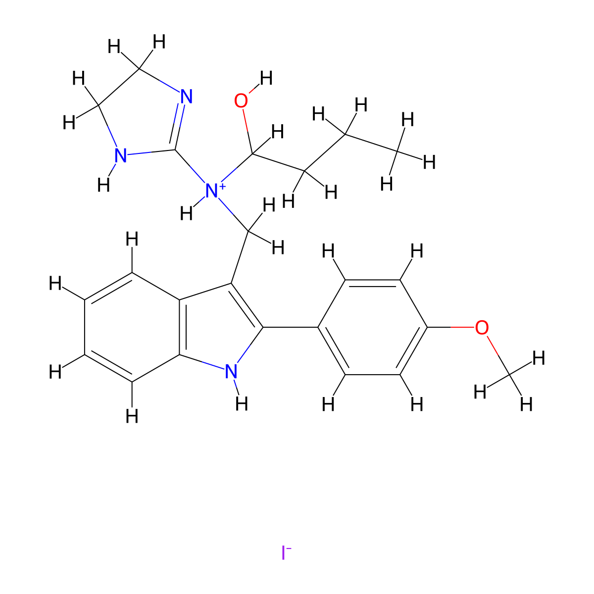 1-Butanol, 1-(N-(2-imidazolin-2-yl)-N-(2-(p-methoxyphenyl)-3-indolylmethyl)amino)-, hydriodide molecular structure, CAS 77587-86-1