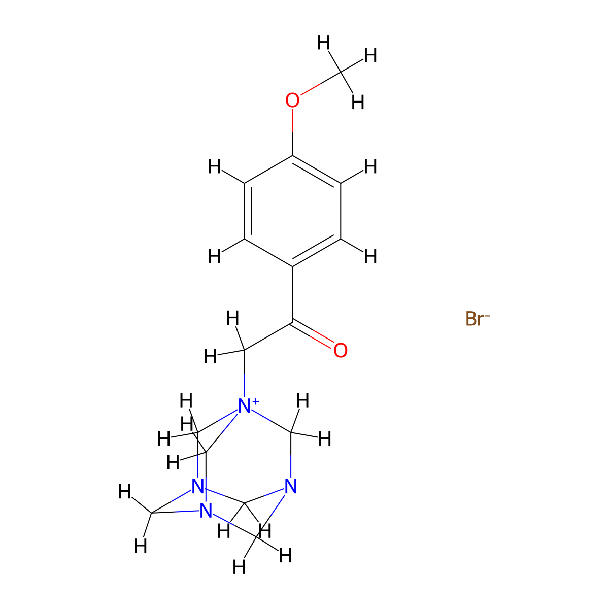 1-[2-(4-Methoxyphenyl)-2-oxoethyl]-1,3,5,7-tetraazatricyclo[3.3.1.1~3,7~]decan-1-ium bromide molecular structure, CAS 7770-25-4