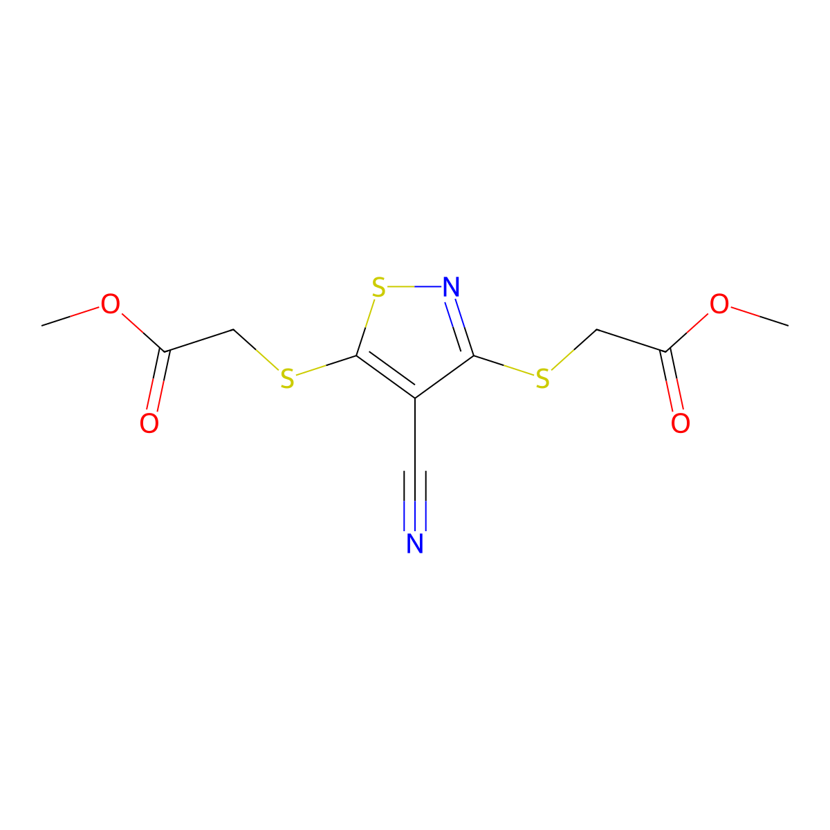 Methyl 2-{4-cyano-3-[(methoxycarbonyl)methylthio]isothiazol-5-ylthio}acetate molecular structure, CAS 77729-65-8