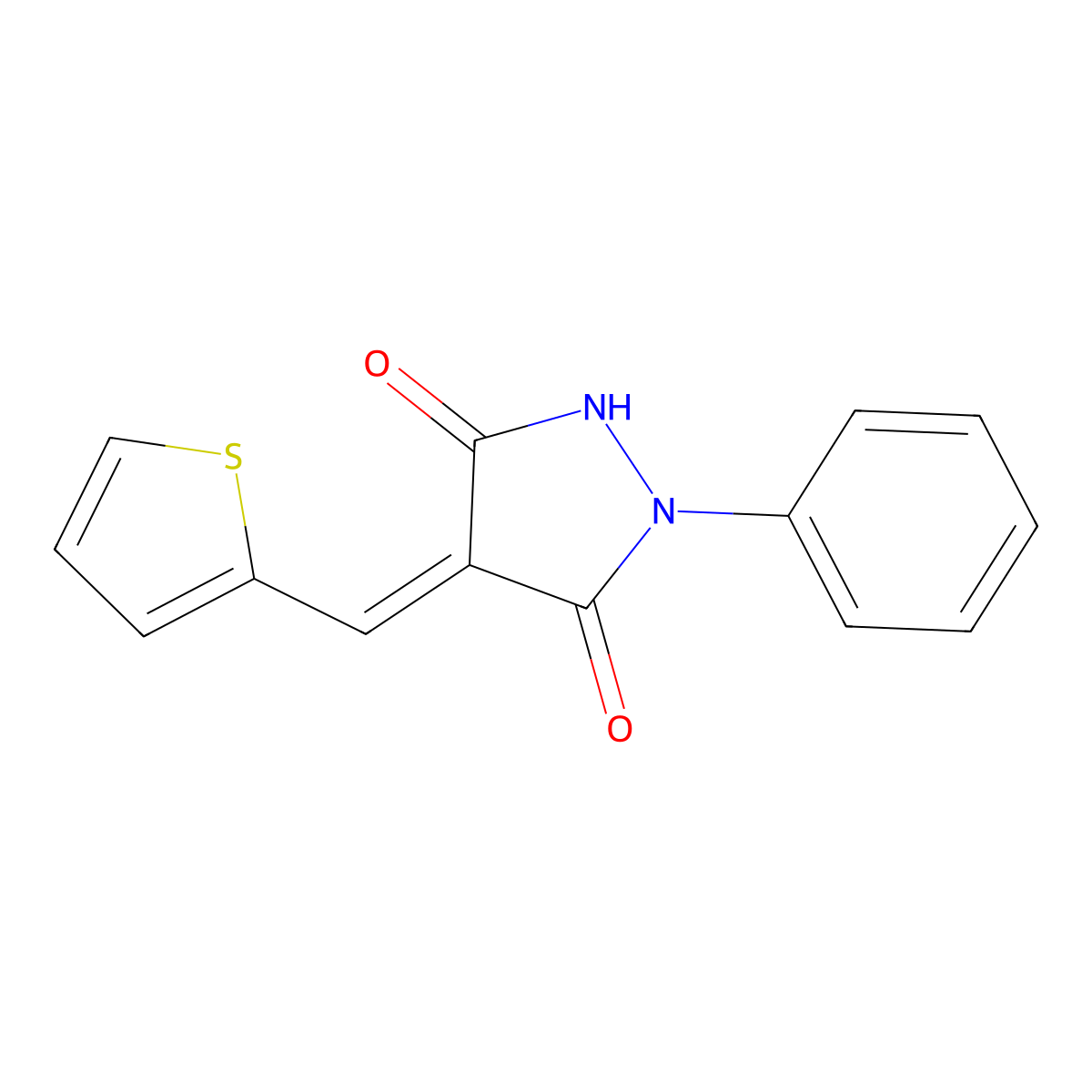 3,5-Pyrazolidinedione, 1-phenyl-4-(2-thienylmethylene)- molecular structure, CAS 77738-09-1