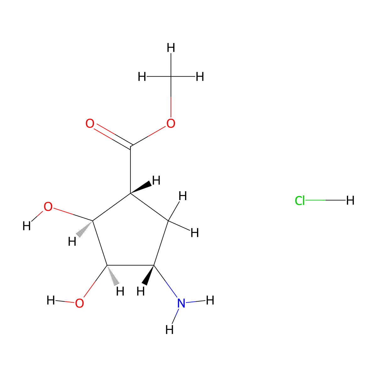 rac-methyl (1R,2S,3R,4S)-4-amino-2,3-dihydroxycyclopentane-1-carboxylate hydrochloride molecular structure, CAS 77745-24-5