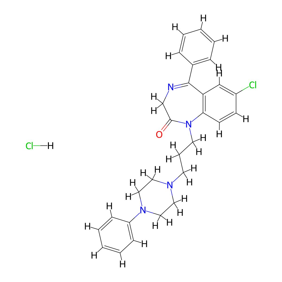 2H-1,4-Benzodiazepin-2-one, 1,3-dihydro-7-chloro-5-phenyl-1-(3-(4-phenyl-1-piperazinyl)propyl)-, monohydrochloride molecular structure, CAS 77778-70-2