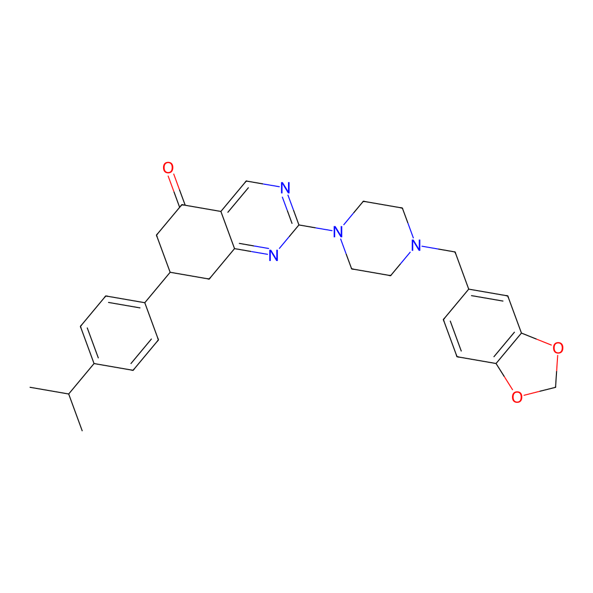 2-[4-(1,3-benzodioxol-5-ylmethyl)piperazin-1-yl]-7-[4-(propan-2-yl)phenyl]-7,8-dihydroquinazolin-5(6H)-one molecular structure, CAS 777866-60-1