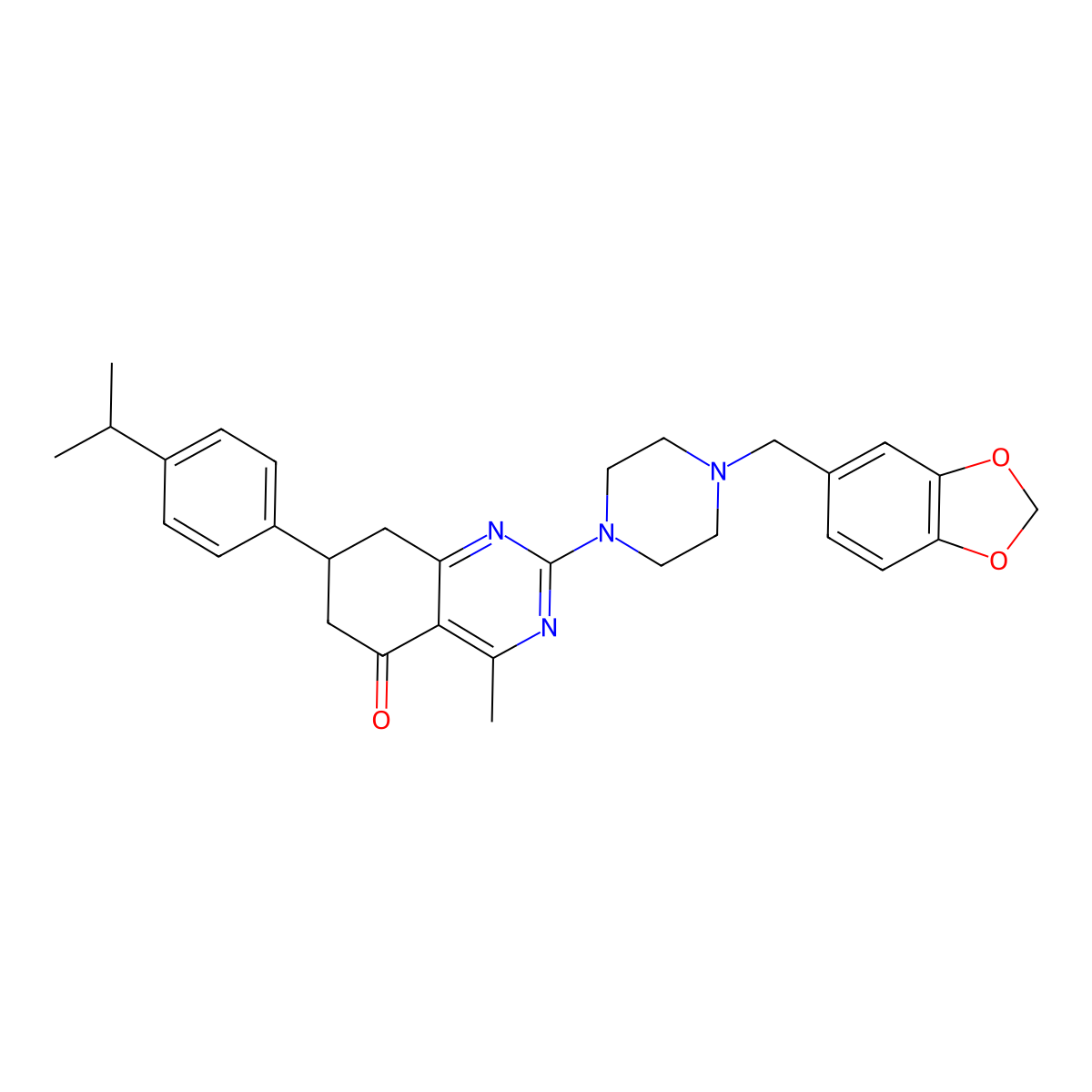 2-[4-(1,3-benzodioxol-5-ylmethyl)piperazin-1-yl]-4-methyl-7-[4-(propan-2-yl)phenyl]-7,8-dihydroquinazolin-5(6H)-one molecular structure, CAS 777866-69-0