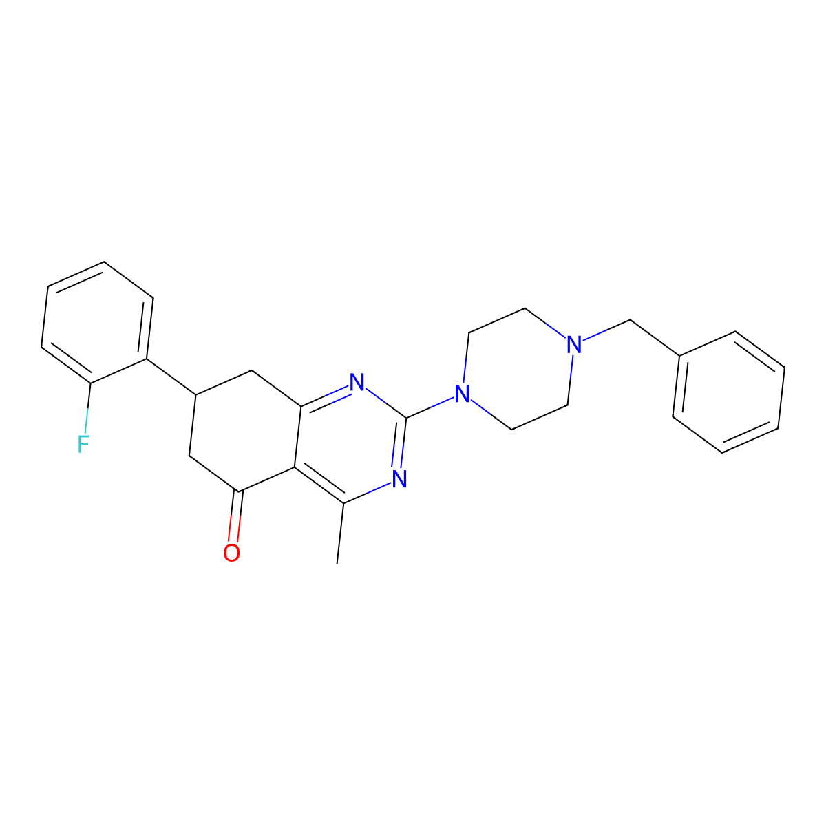 2-(4-benzylpiperazin-1-yl)-7-(2-fluorophenyl)-4-methyl-7,8-dihydroquinazolin-5(6H)-one molecular structure, CAS 777866-72-5