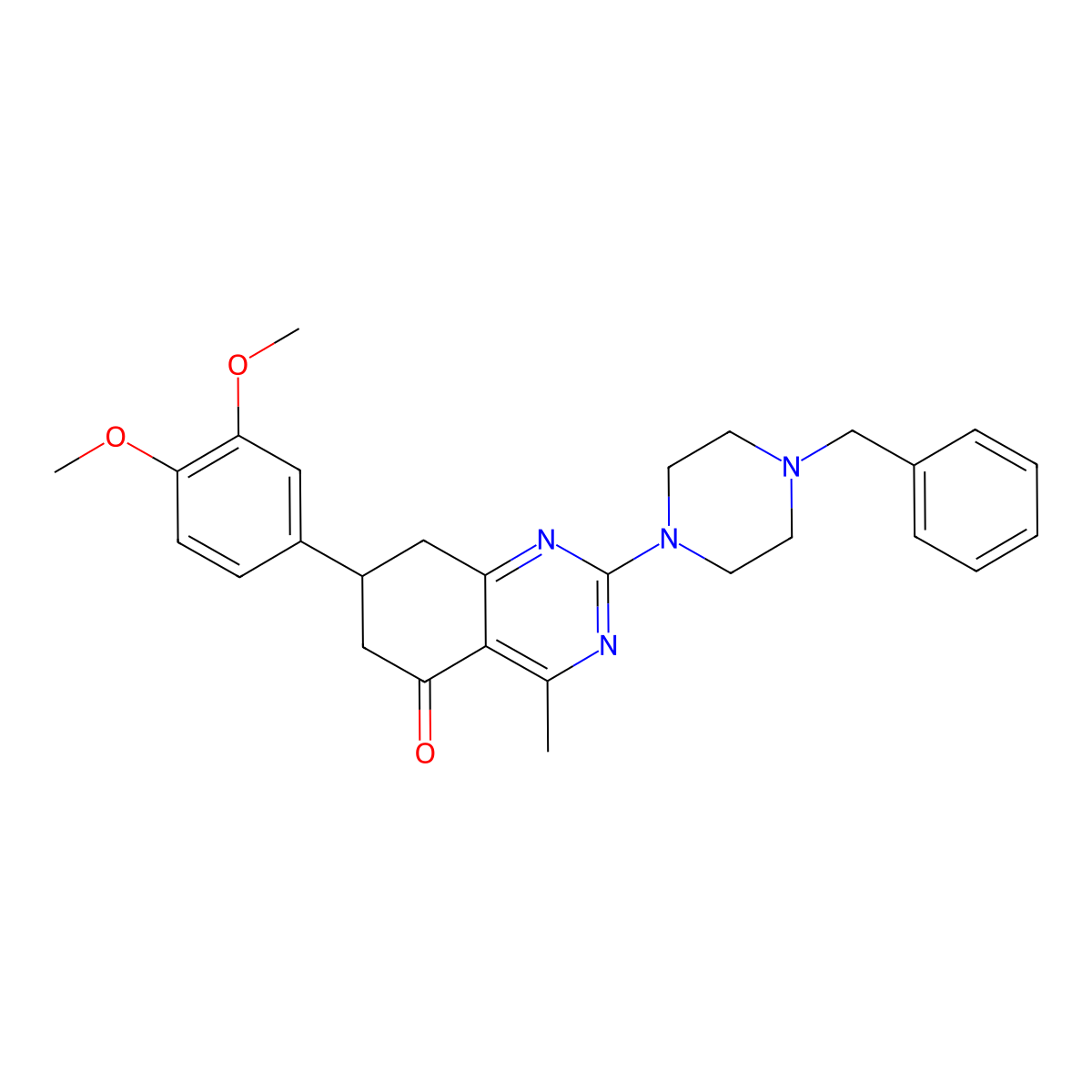 7-(3,4-dimethoxyphenyl)-4-methyl-2-[4-(phenylmethyl)-1-piperazinyl]-7,8-dihydro-6H-quinazolin-5-one molecular structure, CAS 777866-73-6