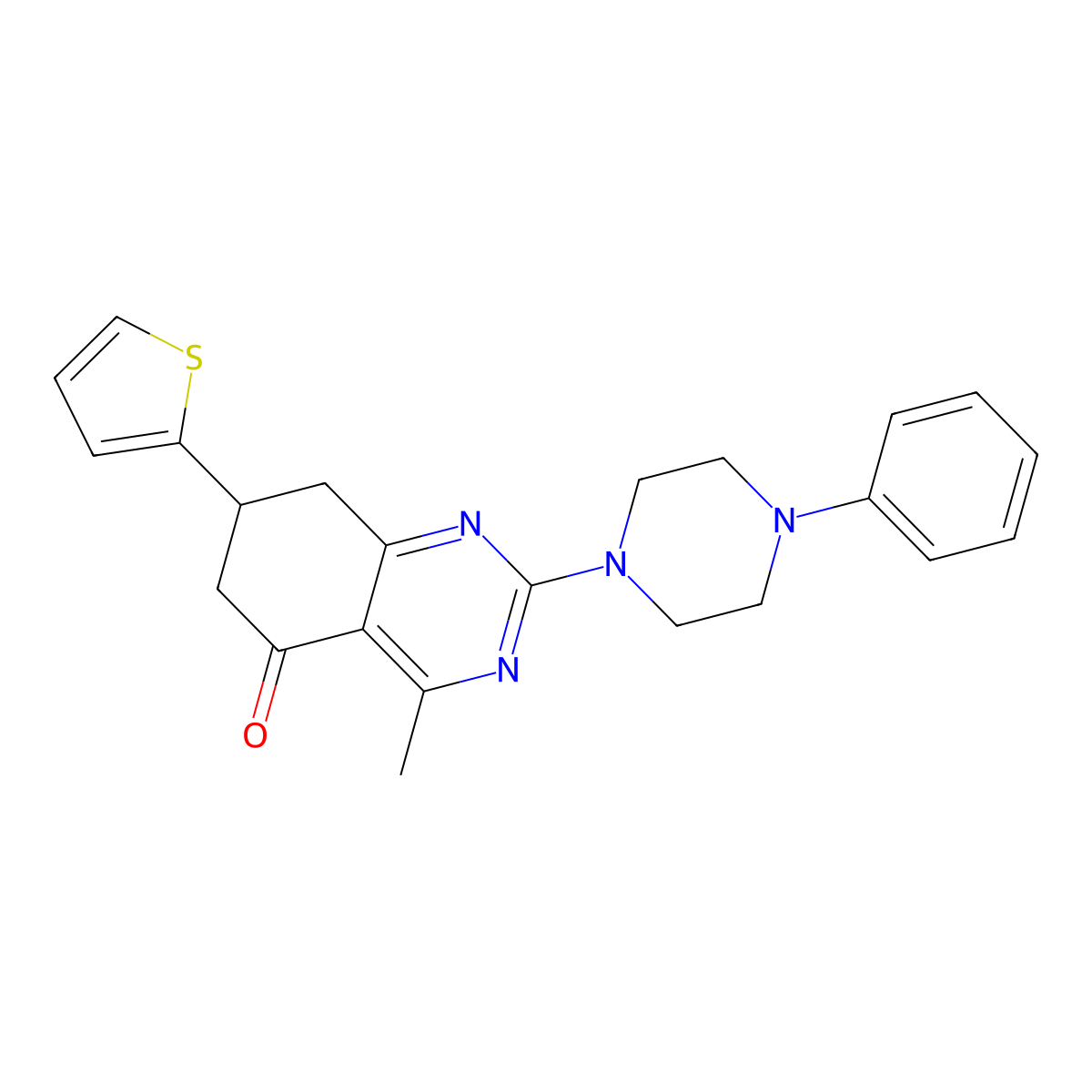 4-methyl-2-(4-phenylpiperazin-1-yl)-7-(thiophen-2-yl)-7,8-dihydroquinazolin-5(6H)-one molecular structure, CAS 777866-79-2