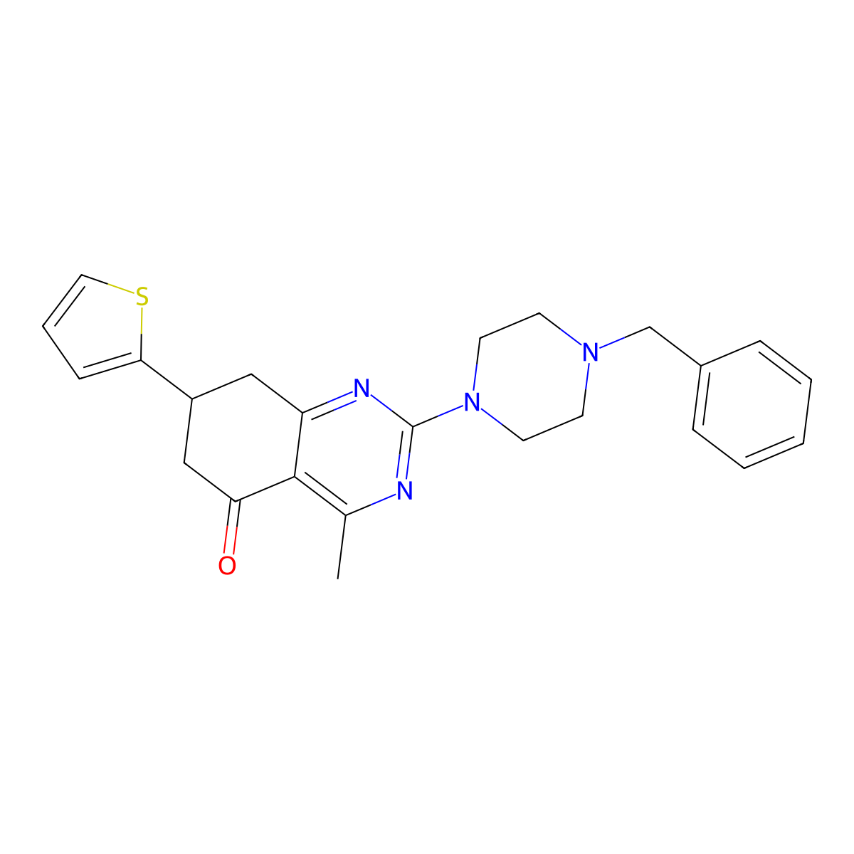 2-(4-benzylpiperazin-1-yl)-4-methyl-7-(thiophen-2-yl)-7,8-dihydroquinazolin-5(6H)-one molecular structure, CAS 777866-81-6