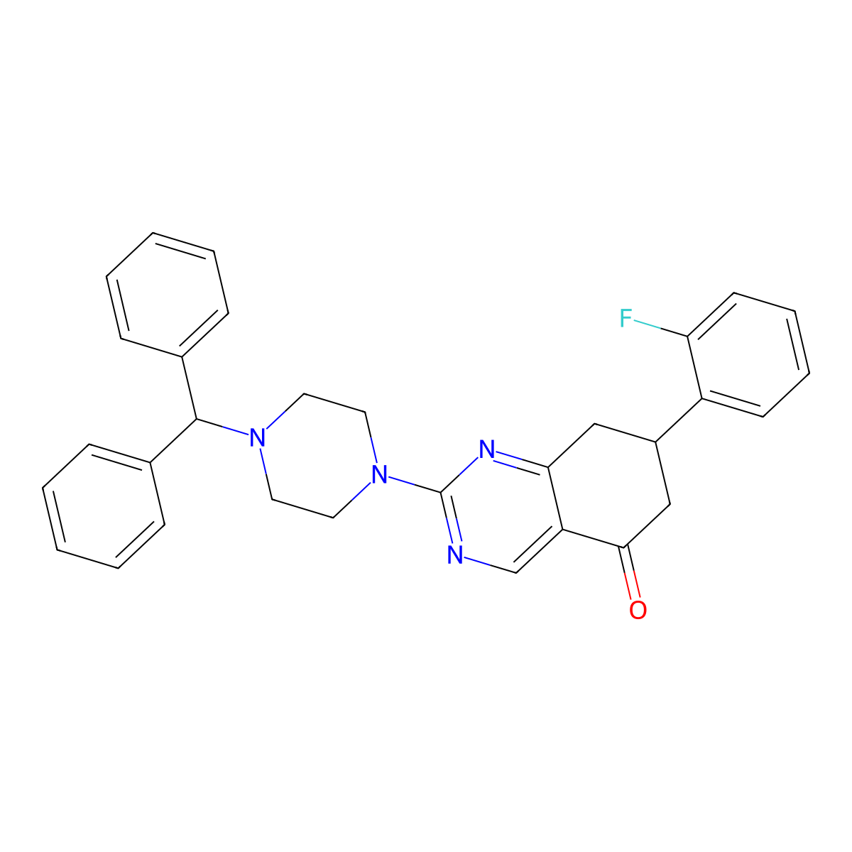 2-[4-(diphenylmethyl)piperazin-1-yl]-7-(2-fluorophenyl)-7,8-dihydroquinazolin-5(6H)-one molecular structure, CAS 777866-84-9