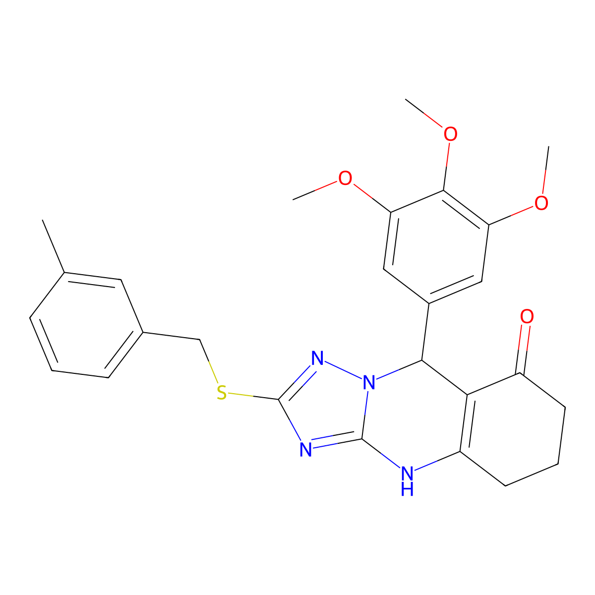 2-[(3-methylbenzyl)sulfanyl]-9-(3,4,5-trimethoxyphenyl)-5,6,7,9-tetrahydro[1,2,4]triazolo[5,1-b]quinazolin-8(4H)-one molecular structure, CAS 777867-02-4